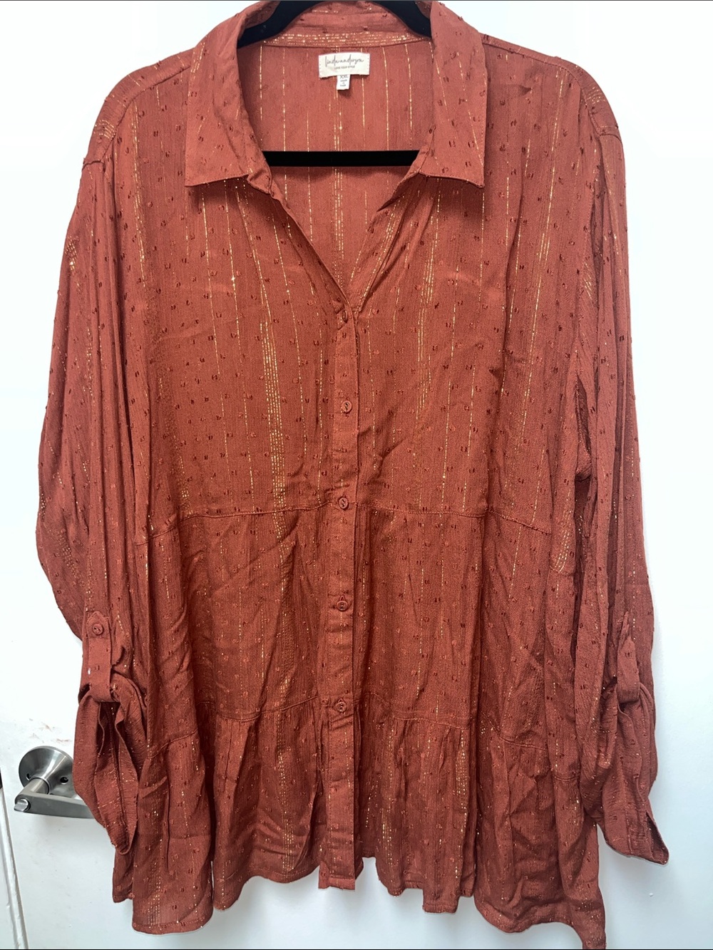 Lightweight Rust Metallic-Thread Button-Down Tunic Shirt